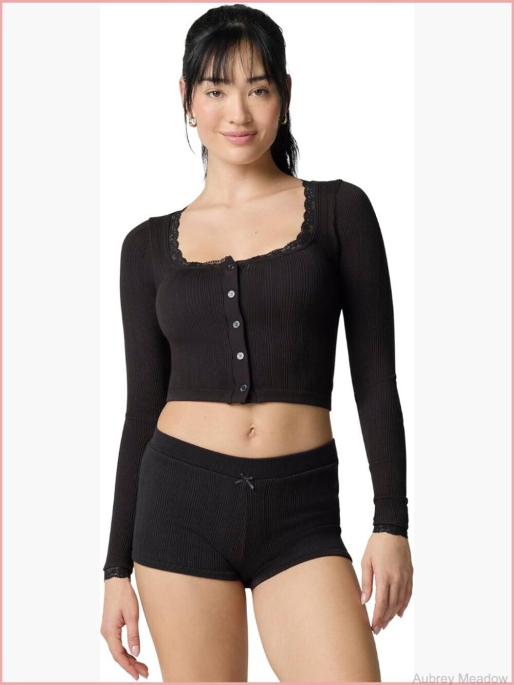 Pointelle Knit Cropped Cardigan with Lace Details